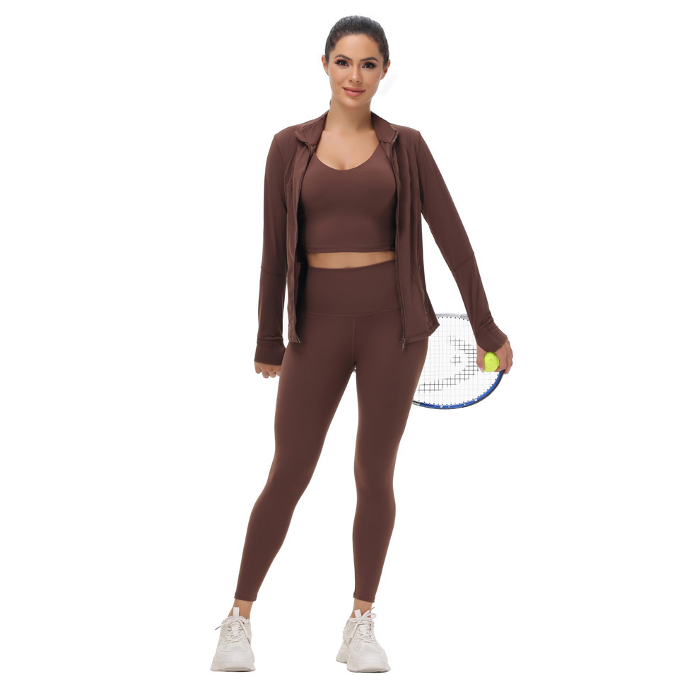 Three Piece Sports Set for Women - Breathable Zip Up Top, Elastic Leggings and Supportive Bra