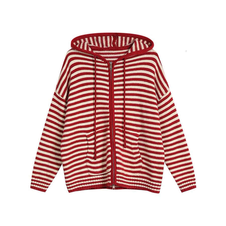Korean Fashion Stripes Hooded Knit Cardigan Woman Red Loose Casual Autumn Winter Sweater Zipper Coat Oversized Long Sleeve Top
