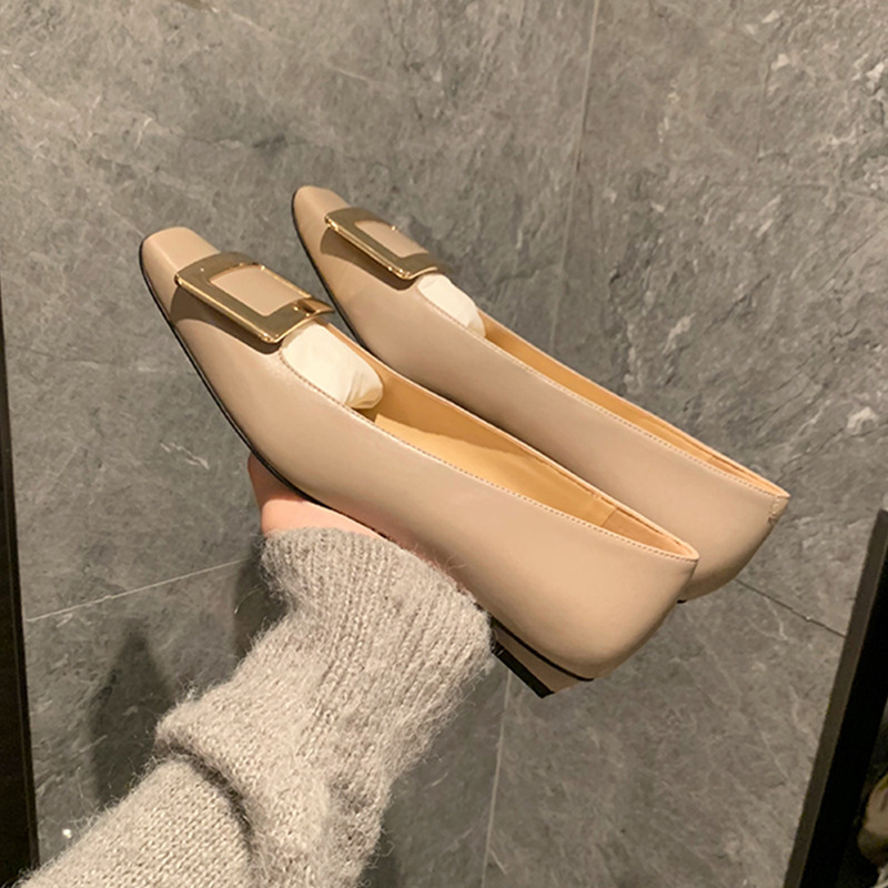 Square buckle shallow mouth thick single order shoes for women square buckle square toe low heel commuting shoes