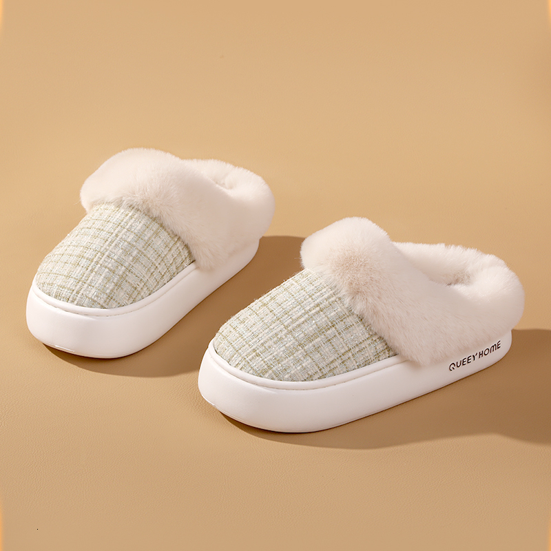 Queey Home Winter Chic Women EVA Flat Non-Slip Furry Fine Grid Pattern Slippers Indoor Outdoor Comfort Cotton slippers