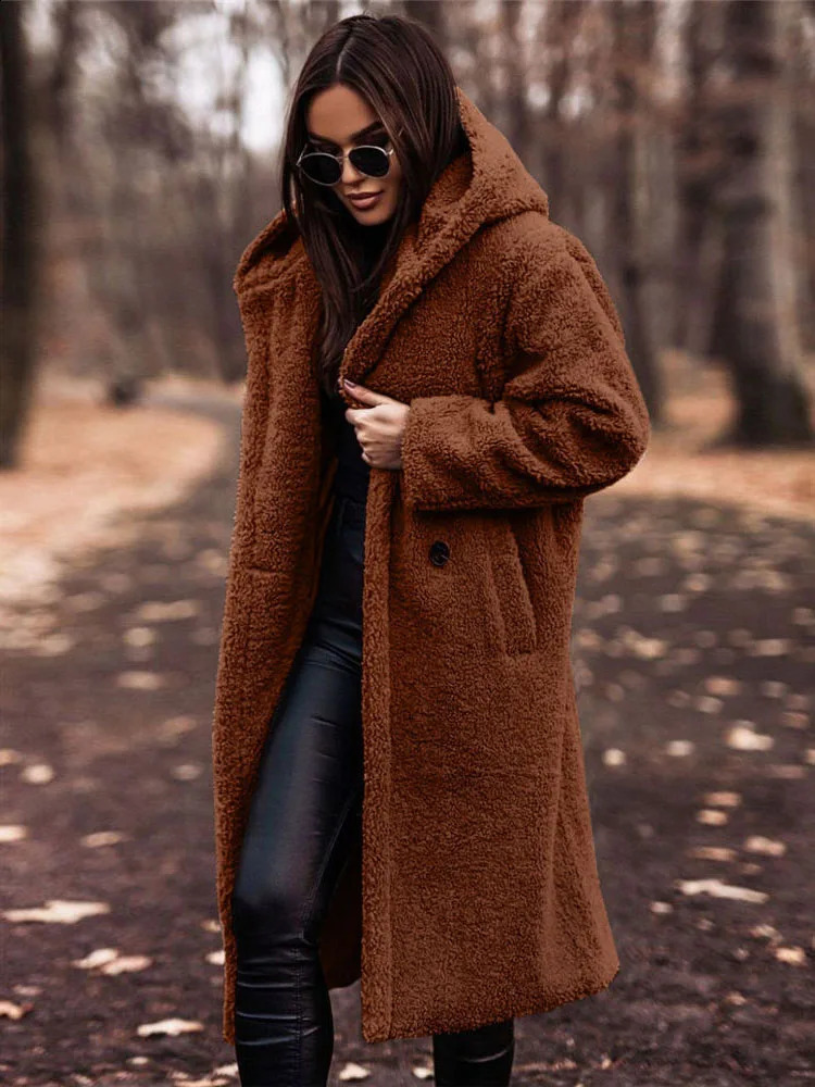 Womens faux fur coat teddy wool hooded robe Sherpa fluffy and chic open collar winter plush coat 240919