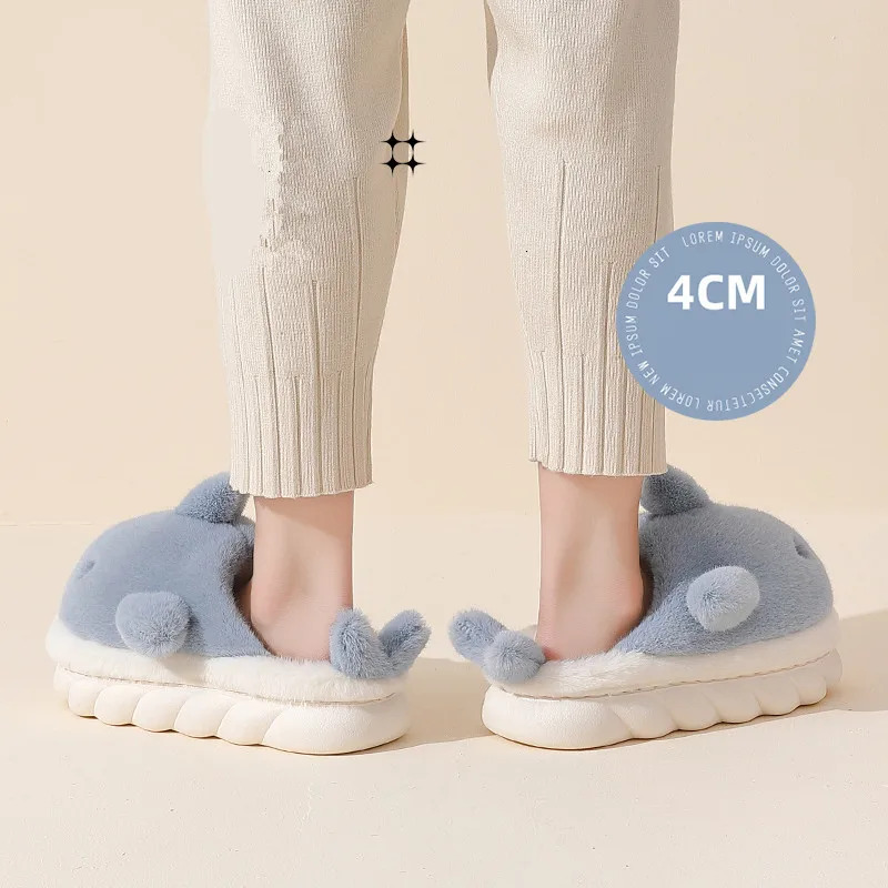 Funny Animal Shark Cotton Women's Thick Soles Home Slipper 2022 Winter New Warm Non Slip Lovely Plush Couple Slippers