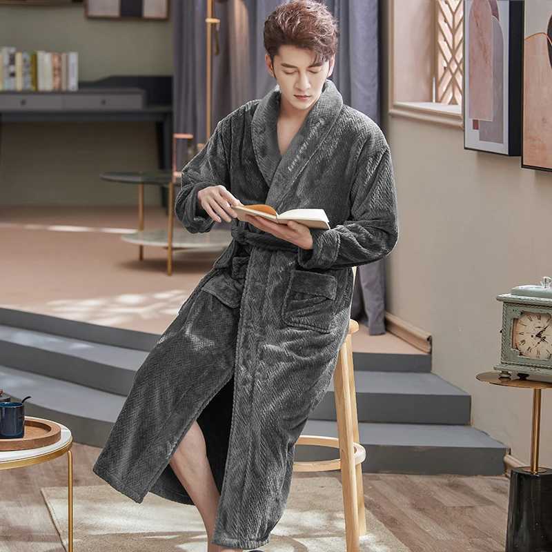 Extra Long Coral Fleece Robe Men Thick Big Yards M-XXXL Winter Kimono Homme Peignoir Bathrobe Warm Robes Pajamas Males Bathrobe Y240919
