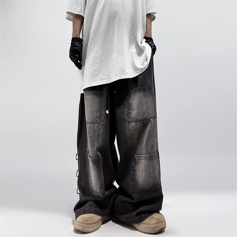 American Style Oversized Pocket Retro Baggy Jeans Men Y2k Hip Hop Punk Wide Leg Straight Overalls Black Denim Pants Streetwear 240918