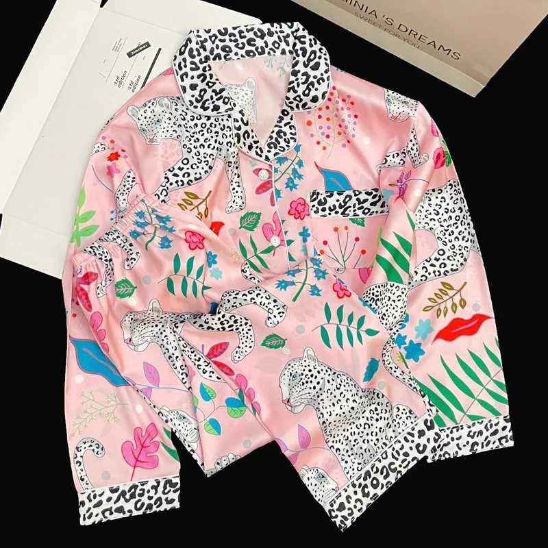 European and American leopard sleepwear set for spring and summer long sleeved short sleeved spliced collar high-end feeling sleepwear W240919