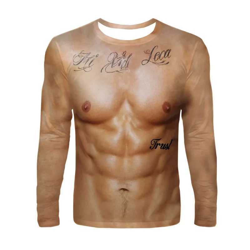 Mens Fake Muscle Graphic T-Shirt 3D Printing Funny Round Neck T Shirt Tops Casual Novelty Pattern Long -Sleeved Tee ShirtsX240919