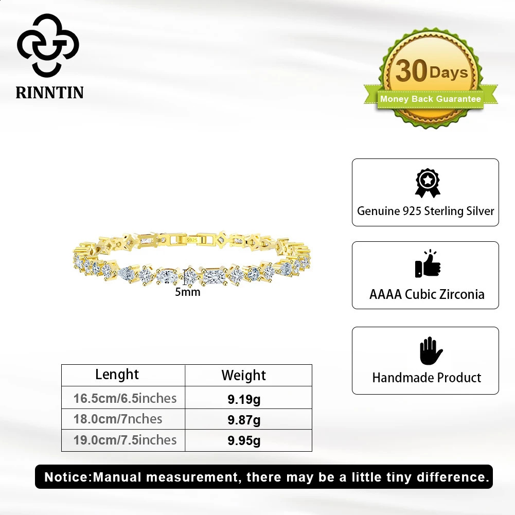 Rintin 3 CZ tennis bracelet in different shapes 925 sterling silver sparkling chain bracelet womens jewelry SB167 240910