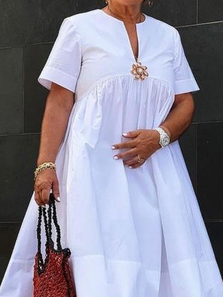 Freeacy Women's Solid Color Cotton Blended Half Open Collar Short Sleeve Loose Fit Pleated Midi Summer Casual Dress