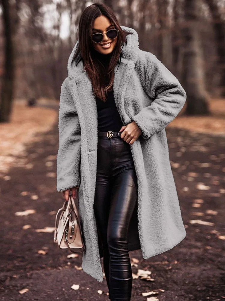 Womens faux fur coat teddy wool hooded robe Sherpa fluffy and chic open collar winter plush coat 240919