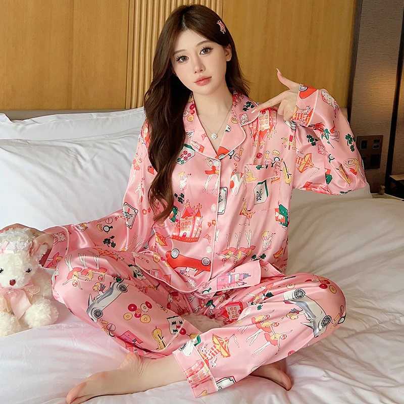 Spotted Leopard Print Pajama Set for Womens Countryside Style Long Sleeve Pants for Womens Lounge 2024 Spring/Summer Cartoon Printed Pajama Set W24091