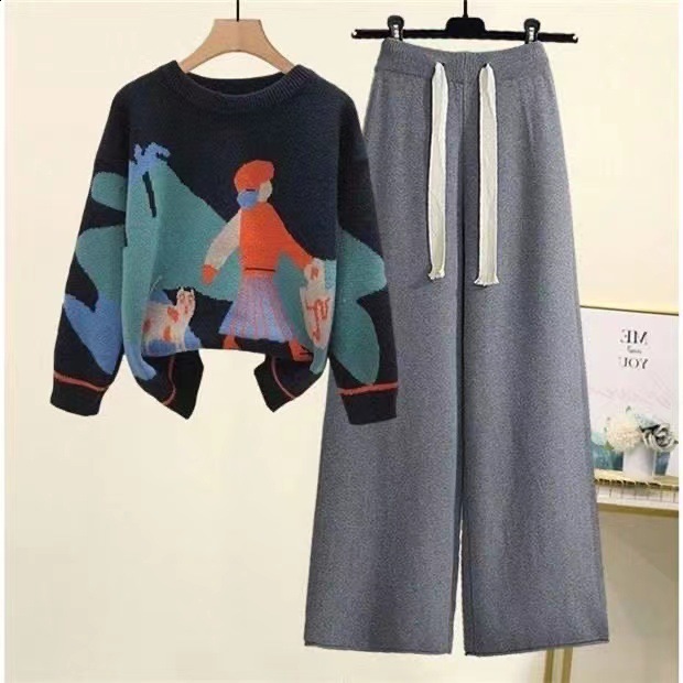 Women's Knitted suit winter cartoon pictures Sweater pullover wide leg pants two piece pants sets woman 2 pieces knitwear 211116