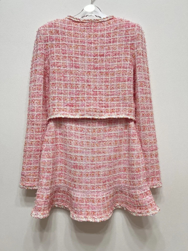 Womens pink plain weave tweed set long sleeved round neck short sleeved sweater cardigan or A-Line knitted trumpet mini skirt sweetheart womens set 24