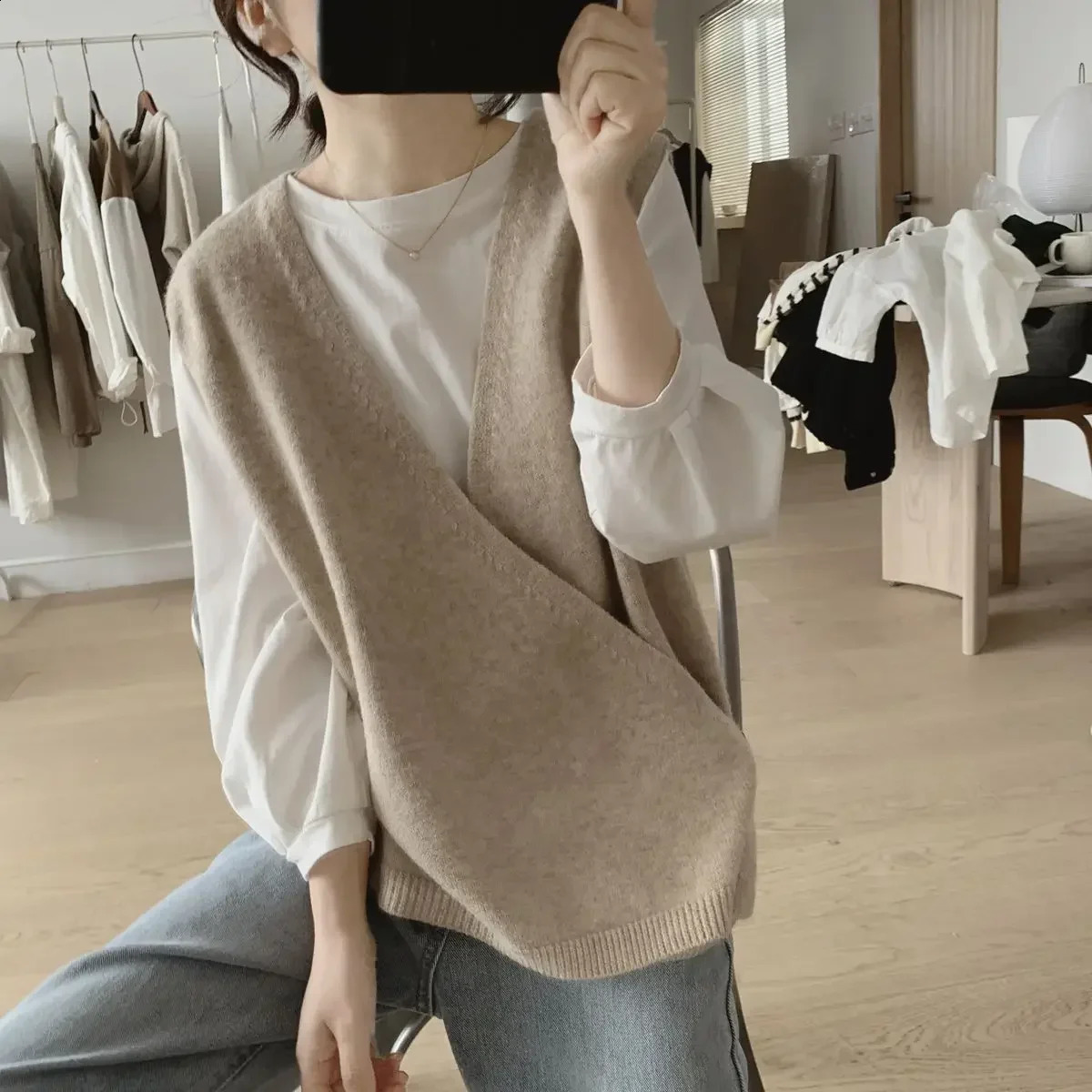Ladies Sweaters Vest Black Long V-neck Grey Knitted Top for Women Y2k Vintage Jumper Fashion 2024 Knitwear Crochet In 240919