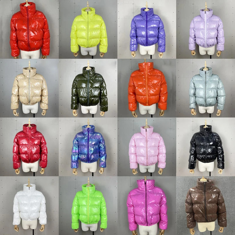 Cropped Y2k Bubble Jacket 18 Colors Faux PU Leather Solid Zipper Stand Collar Turtleneck Shiny Women Winter Warm Puffer Coat 240914