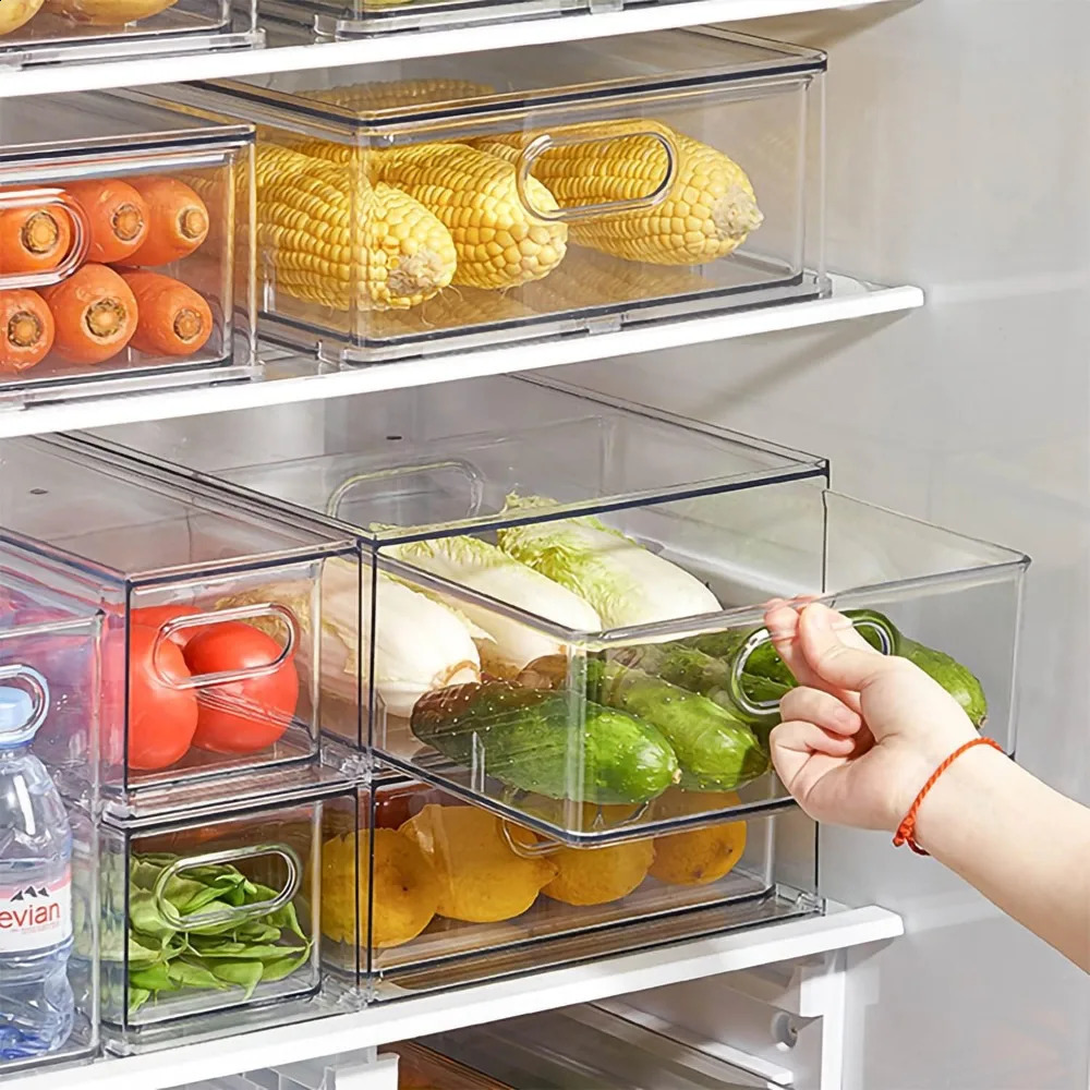 7 packs of stackable refrigerant manager Bins pullout drawers for fruit and vegetable storage used freezing transparent 240919