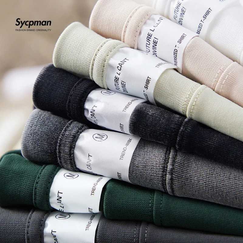 Sycpman 300grams 10.58oz Oversized Loose Heavy Weight Cotton Solid Color Drop Shoulder Short Sleeve T-shirt Men for Summer Z240919
