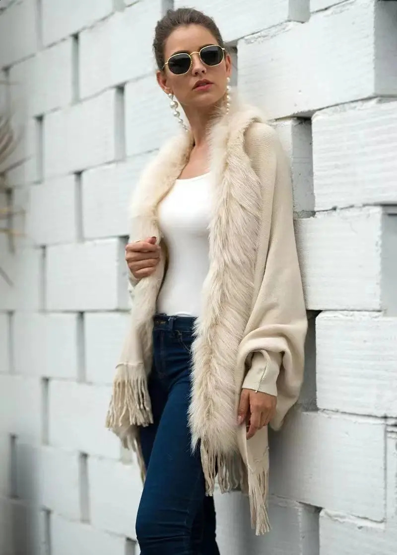 Womens cashmere hand feel shawl long sleeved womens artificial fox fur wrapped spring and autumn knitted cardigan classic sweater jacket 240919