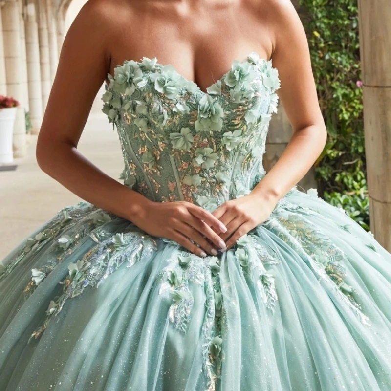 Luxury Mint Green Quinceanera Dresses Ball Gown Charming Appliques Beaded Flower Off Shoulder Sweet 16 Dress Lace-up Vestidos 15 De Anos