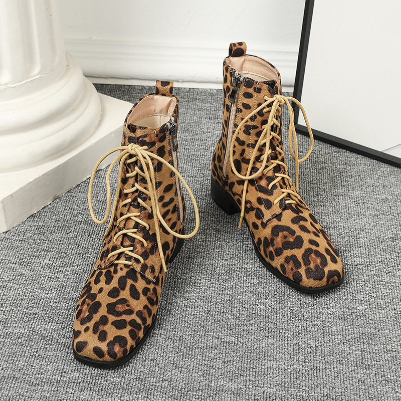 Women Boots Winter Fashion Design Plus Size Leopard Print Square Toe High Heel Free shipping
