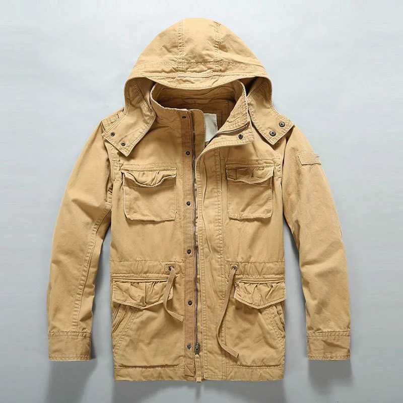 Outdoor Jacket Fashion Mens Heavy Washed Cotton Tooling Hooded Jacket Personality Leisure Cargo Jacket Stand Collar Multi-pocket Outdoor Coats M240919