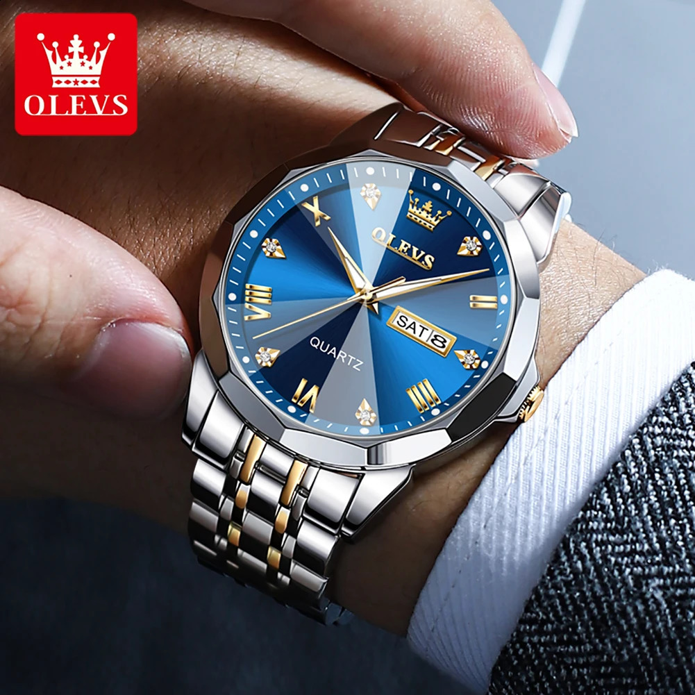 OLEVS Mens Watch Diamond Mirror Original Mens Quartz Watch Waterproof Luminous Stainless Steel Watch Mens Date Week ww 240923