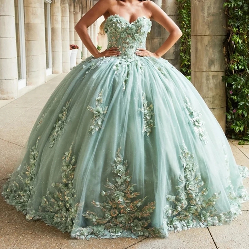 Luxury Mint Green Quinceanera Dresses Ball Gown Charming Appliques Beaded Flower Off Shoulder Sweet 16 Dress Lace-up Vestidos 15 De Anos