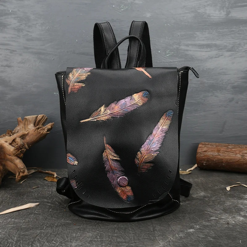 Retro Backpack Genuine Leather Bag For Women Vintage Embossed Cowhide Backpacks Leisure Feather Backpack Ladies 240913