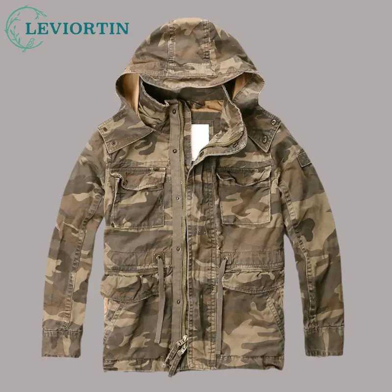 Outdoor Jacket Fashion Mens Heavy Washed Cotton Tooling Hooded Jacket Personality Leisure Cargo Jacket Stand Collar Multi-pocket Outdoor Coats M240919