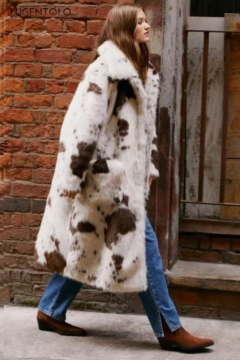 Women Faux Fur Cow Pattern Coat Warm Autumn Winter Faux Fox Fur Lapel Lady Elegant Cardigan Pocket Outwear Lugentolo 240919
