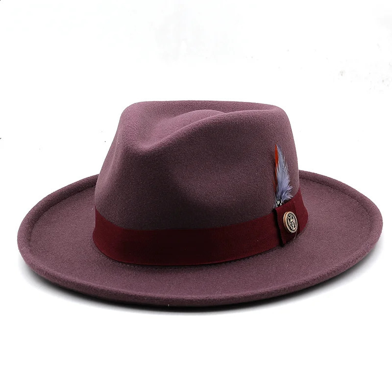 Feather Band Wool Felt Jazz Fedora Hat Womens Neutral Wide Brim Panama Party Trilby Cow Hat Mens Gentleman Wedding Hat 240919