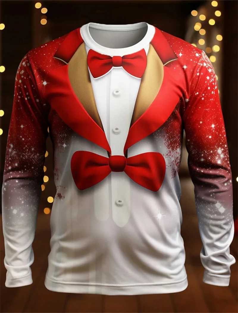 Mens Long Sleeve Tshirts 3D Print Christmas Snowflake Pattern Suit Tee Shirts Tops Streetwear Mens Crew Neck Plus Size T ShirtX240919