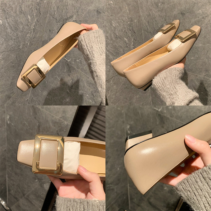 Square buckle shallow mouth thick single order shoes for women square buckle square toe low heel commuting shoes