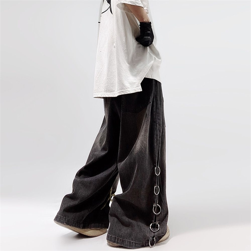 American Style Oversized Pocket Retro Baggy Jeans Men Y2k Hip Hop Punk Wide Leg Straight Overalls Black Denim Pants Streetwear 240918