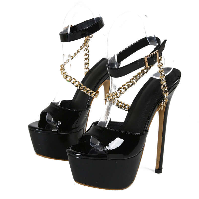 Liyke Summer 16 CM Super High Heels Platform Sandals Women Fashion Open Toe Chain Ankle Strap Ladies Party Stripper Shoes Black