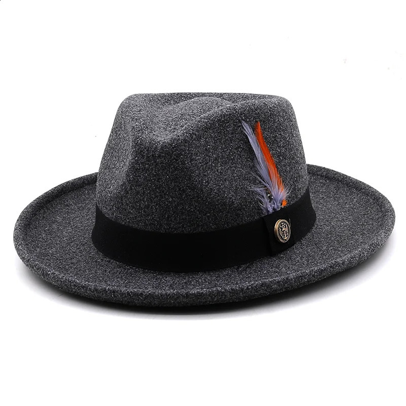 Feather Band Wool Felt Jazz Fedora Hat Womens Neutral Wide Brim Panama Party Trilby Cow Hat Mens Gentleman Wedding Hat 240919