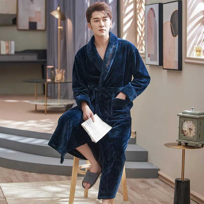 Extra Long Coral Fleece Robe Men Thick Big Yards M-XXXL Winter Kimono Homme Peignoir Bathrobe Warm Robes Pajamas Males Bathrobe Y240919