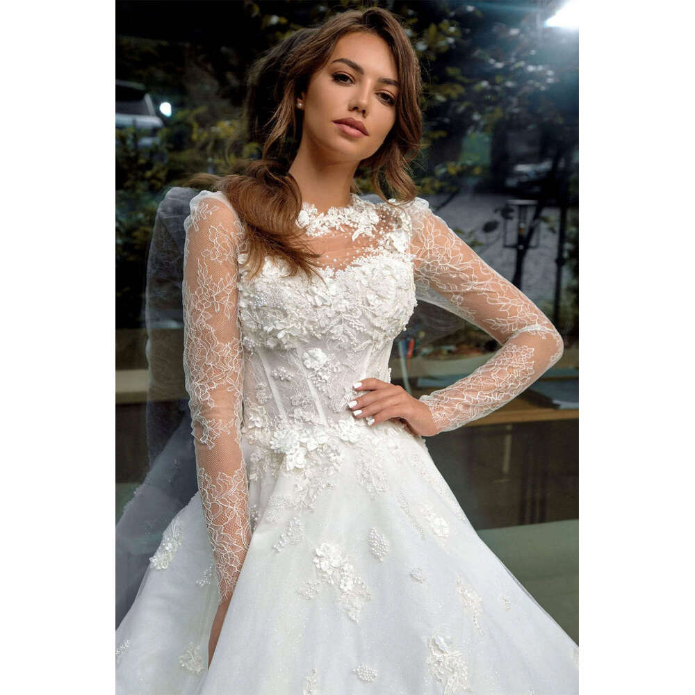 Wedding Dresses A-E O-Neck Appliques Lace Sleeve Or-Length Long Bridal Gown Vestido De Novia Custom Made 0228Lz