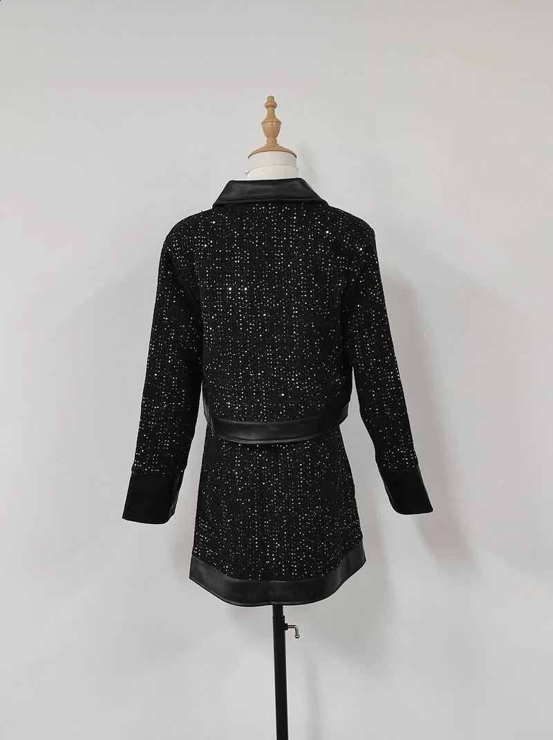 Temperment Coarse Coat Jacket Two Piece Set Womens Glitter Fashion Polo Neck Leather Splicing Korean Fashion Ultra Thin Spring Set 240919
