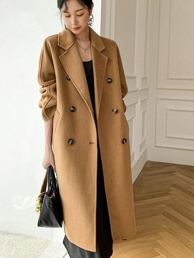 Fashion Trendy Womens Coat 100% Pure Australian Wool Coat Solid Color Autumn and Winter Double-Sided Woolen Womens Clothing 240909