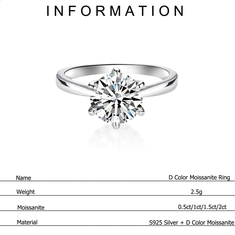 0.5ct 1ct 1.5ct 2ct D colored silica stone womens engagement ring 925 sterling silver gold-plated card ring wholesale 240918