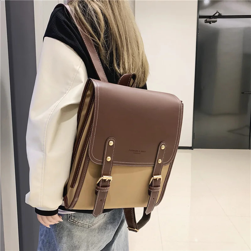 Retro Fashion Womens Backpack Pu Leather University School Backpack Teen Girls Simple er Shoulder Bag 240918