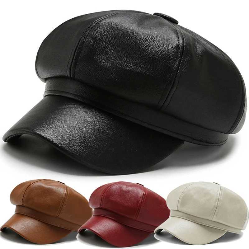 Men PU Leather Berets Hat Retro British Solid Beret Women Baseball Cap Outdoor Sun Hat Winter Warm Octagonal Hats Newsboy CapsX2409