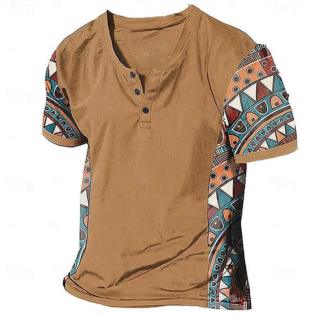 Ethnic Style Tribal 3D Printed Henley Shirts Mens Fashion Vintage Streetwear Button Short Sleeve T Shirt Tees Tops Man Clothing Z240919