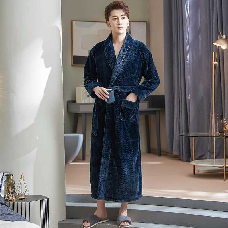 Extra Long Coral Fleece Robe Men Thick Big Yards M-XXXL Winter Kimono Homme Peignoir Bathrobe Warm Robes Pajamas Males Bathrobe Y240919