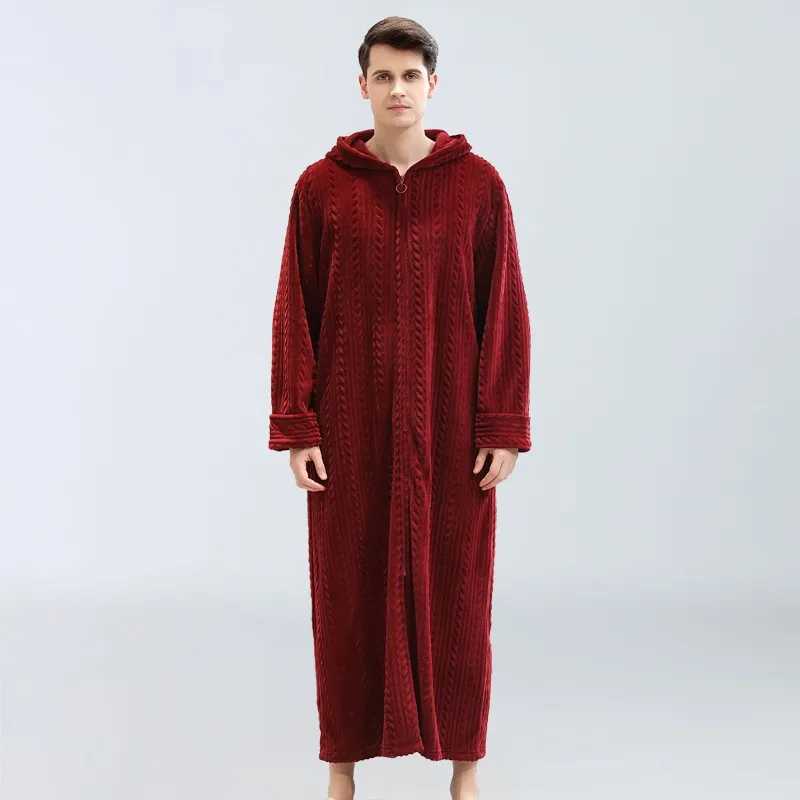 Popular Mens Plus Fat and Oversized Home Clothes Winter Flannel Pajamas Zipper Bathrobe Warm Pajamas Solid Color Long Pajamas Y240919
