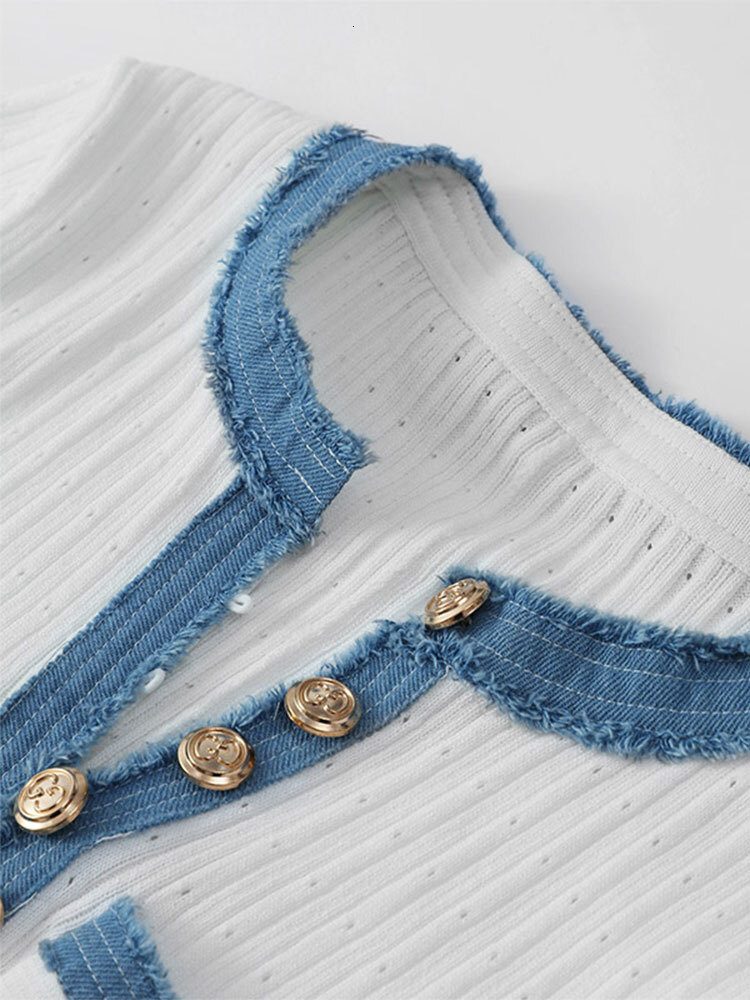 Contrast Denim Patchwork Knitted Long Dress Women Fashion Short Sleeve Buttons Bodycon Maxi Dresses Lady Pockets A E Robes