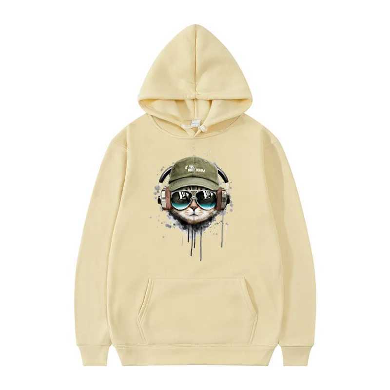 Comes with headphones cat and sunglasses mens hoodie warm pine wool sweatshirt autumn casual hoodie unisex sweatshirt W240919