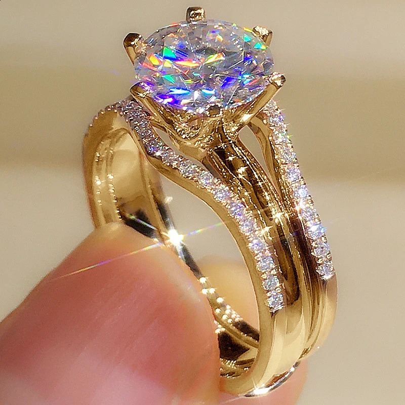 Anziw Gold Color 3.0CT Moissante Wedding Ring Bridal Set Womens Classic 2ct n Promise Band Engagement Jewelry Gift 240918