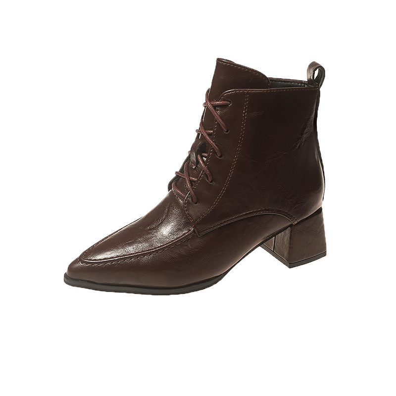 Plus Size Lace-up High Boots - Trendy Pointed Toe Chunky Heel Shoes (Triple Black, Brown) 9b64