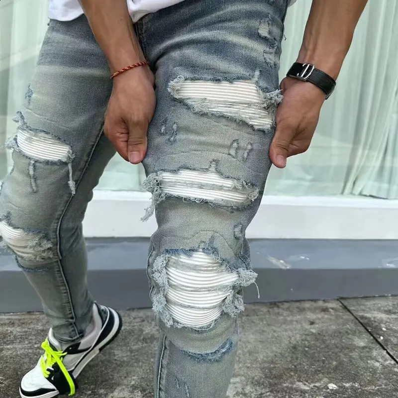 Home>Products>Retro Mens Jeans>Retro Mens Jeans>Washed Blue Stretch Tight White Patch>Stamped Jeans>Hip Hop Pants 240919
